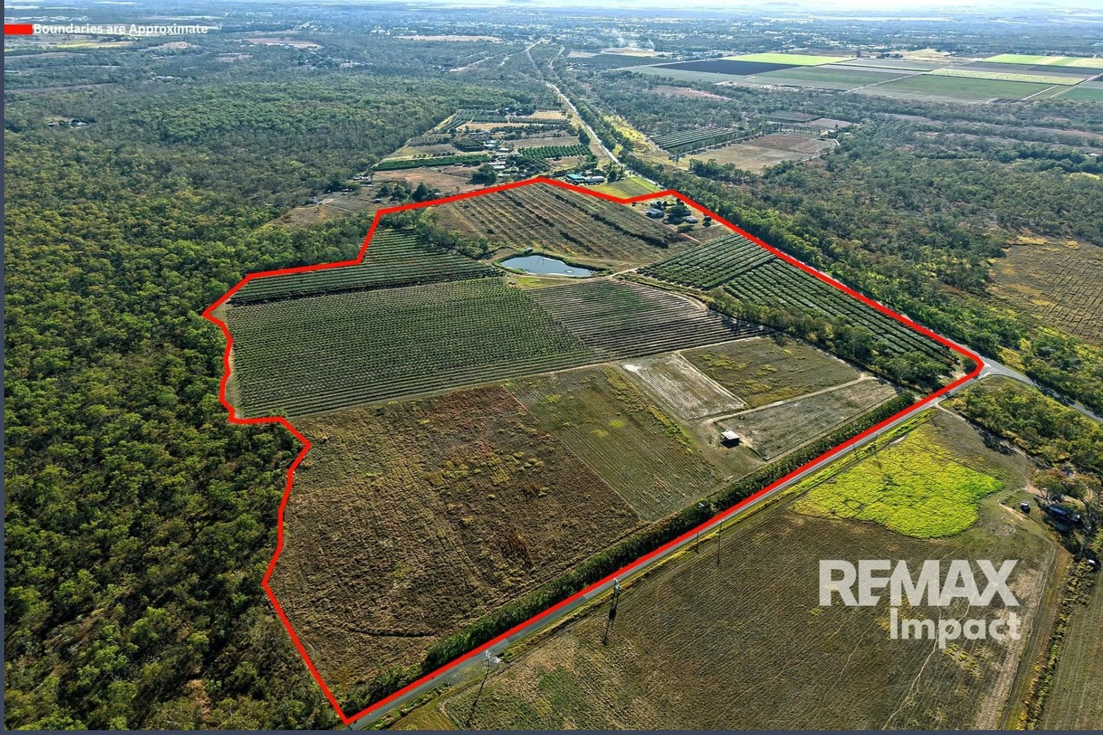 Aerial view of 446 Chewko Road Mareeba farm boundary